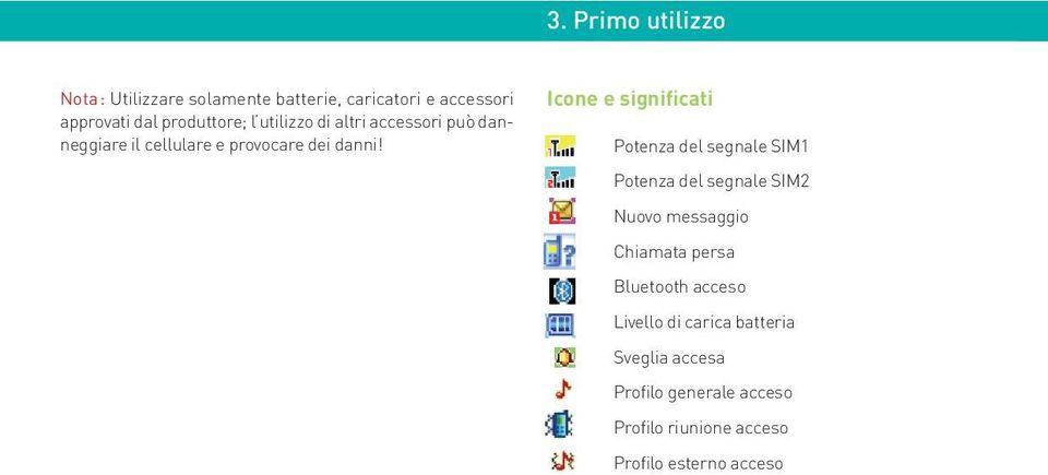 Icone e significati Potenza del segnale SIM1 Potenza del segnale SIM2 Nuovo messaggio Chiamata persa