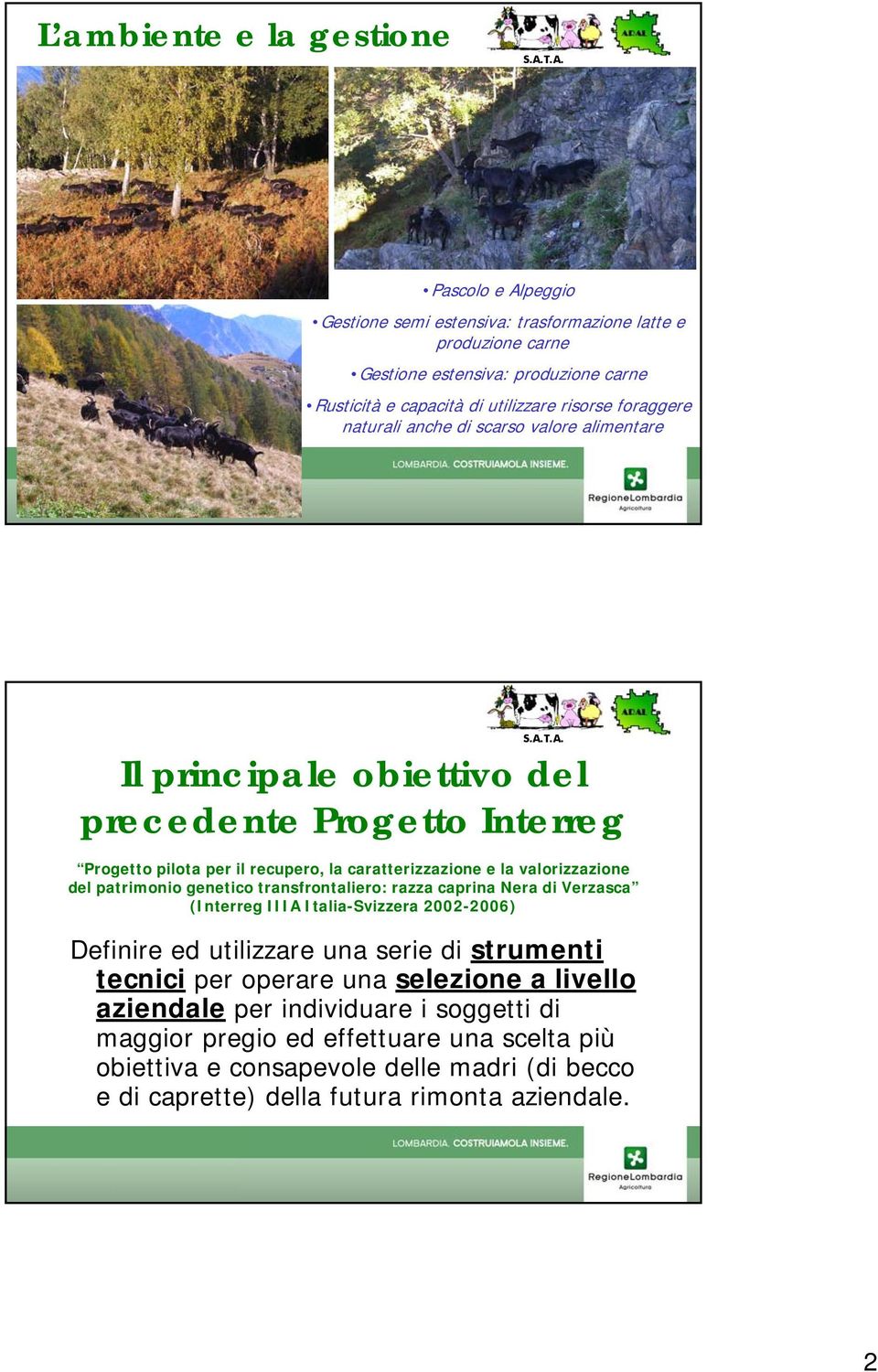 patrimonio genetico transfrontaliero: razza caprina Nera di Verzasca (Interreg IIIA Italia-Svizzera 2002-2006) Definire ed utilizzare una serie di strumenti tecnici per operare una