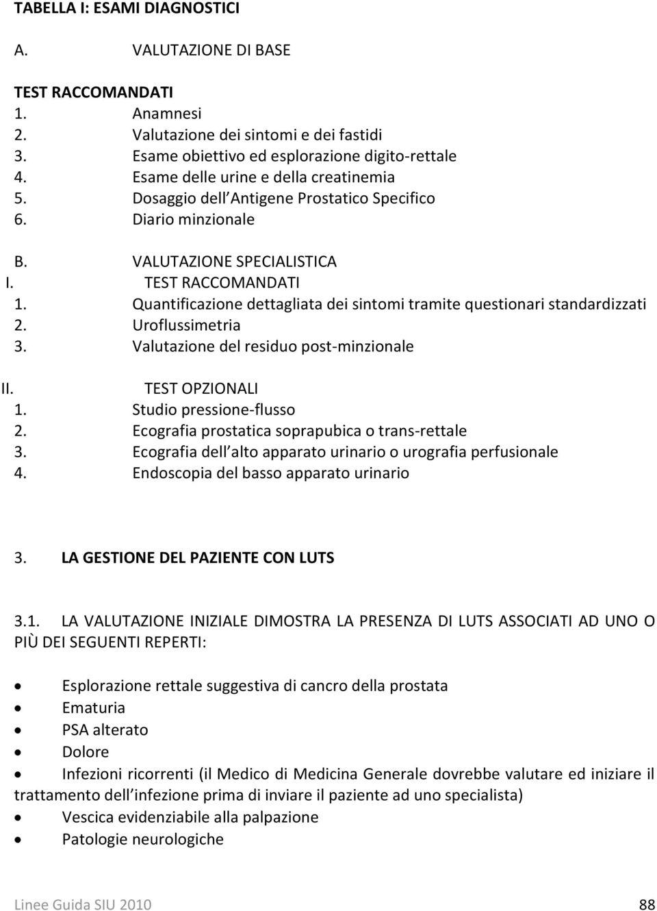 Quantificazione dettagliata dei sintomi tramite questionari standardizzati 2. Uroflussimetria 3. Valutazione del residuo post-minzionale II. TEST OPZIONALI 1. Studio pressione-flusso 2.