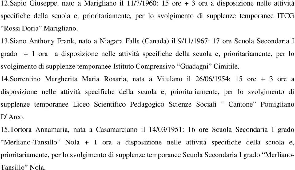 Siano Anthony Frank, nato a Niagara Falls (Canada) il 9/11/1967: 17 ore Scuola Secondaria I grado + 1 ora a disposizione nelle attività specifiche della scuola e, prioritariamente, per lo svolgimento