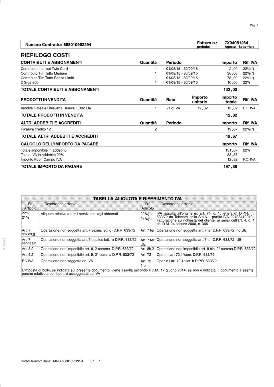 Giga abb 1 01/08/15-30/09/15 16,00 22% TOTALE CONTRIBUTI E ABBONAMENTI 132,00 Importo Importo PRODOTTI IN VENDITA Quantità Rata Rif.