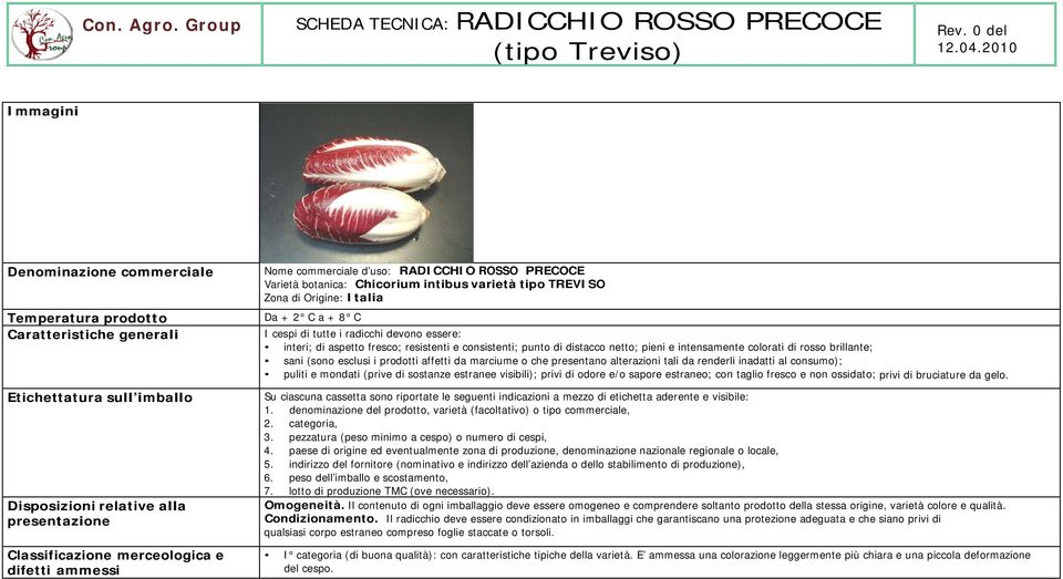 a + 8 C I cespi di tutte i radicchi devono essere: interi; di aspetto fresco; resistenti e consistenti; punto di distacco netto; pieni e intensamente colorati di rosso brillante; sani (sono esclusi i