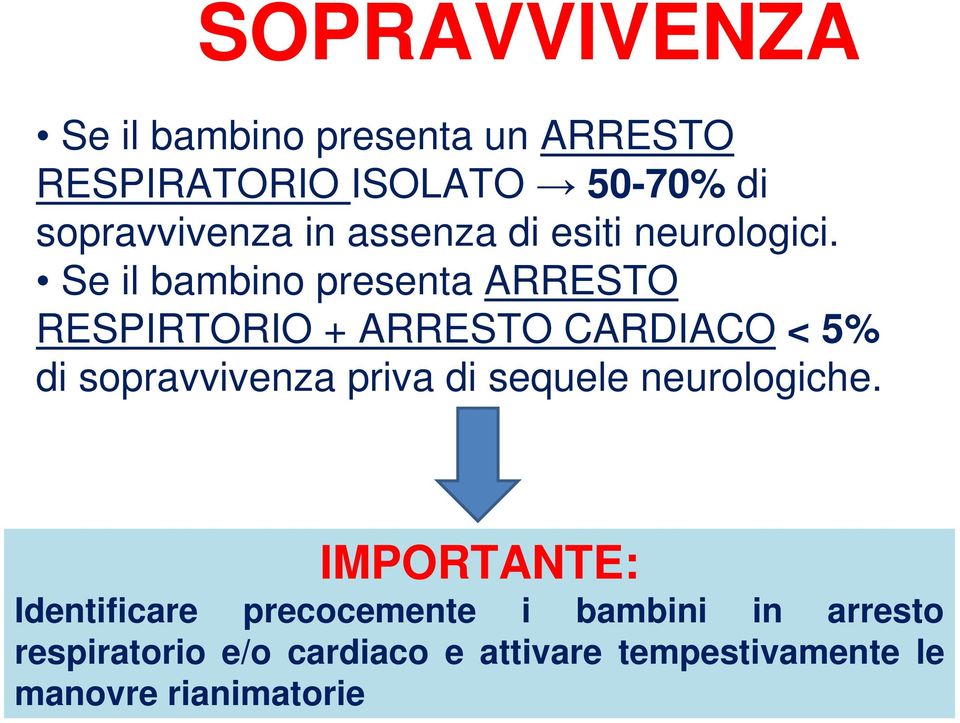 Se il bambino presenta ARRESTO RESPIRTORIO + ARRESTO CARDIACO < 5% di sopravvivenza priva di