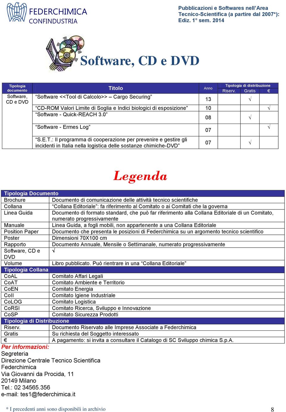 : Il programma di cooperazione per prevenire e gestire gli incidenti in Italia nella logistica delle sostanze chimiche-dvd 07 Legenda Documento Brochure Documento di comunicazione delle attività