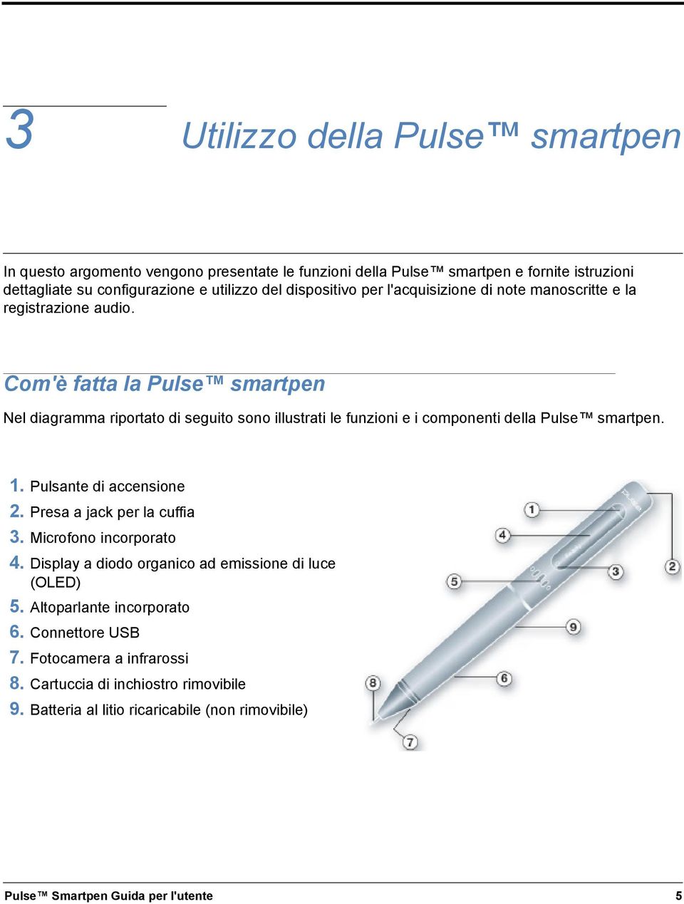 Com'è fatta la Pulse smartpen Nel diagramma riportato di seguito sono illustrati le funzioni e i componenti della Pulse smartpen. 1. Pulsante di accensione 2.