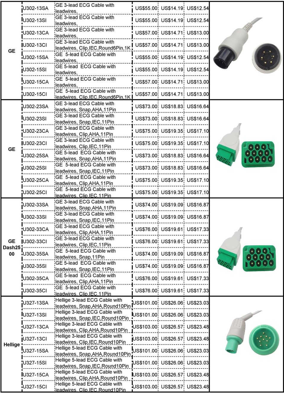 GE 3-lead ECG Cable US$57.00 US$14.71 US$13.00 Clip,,1K GE 3-lead ECG Cable Clip,,1K US$57.00 US$14.71 US$13.00 Reisitance GE 5-lead ECG Cable GE 5-lead ECG Cable Snap,,1K GE 5-lead ECG Cable US$57.