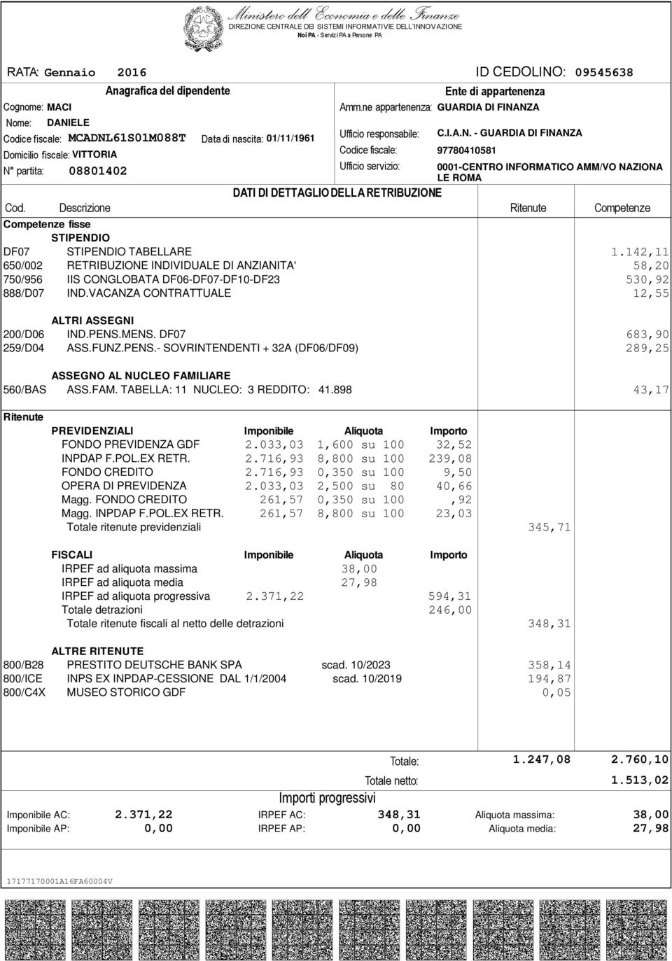 DF07 683,90 259/D04 ASS.FUNZ.PENS.- SOVRINTENDENTI + 32A (DF06/DF09) 289,25 ASSEGNO AL NUCLEO FAMILIARE 560/BAS ASS.FAM. TABELLA: 11 NUCLEO: 3 REDDITO: 41.