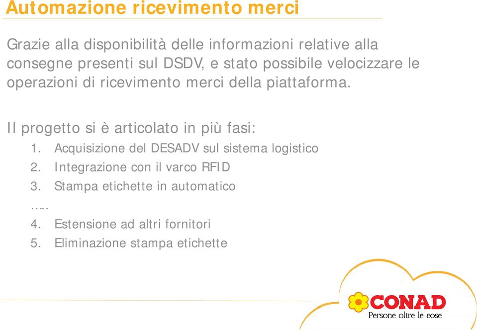 Il progetto si è articolato in più fasi: 1. Acquisizione del DESADV sul sistema logistico 2.