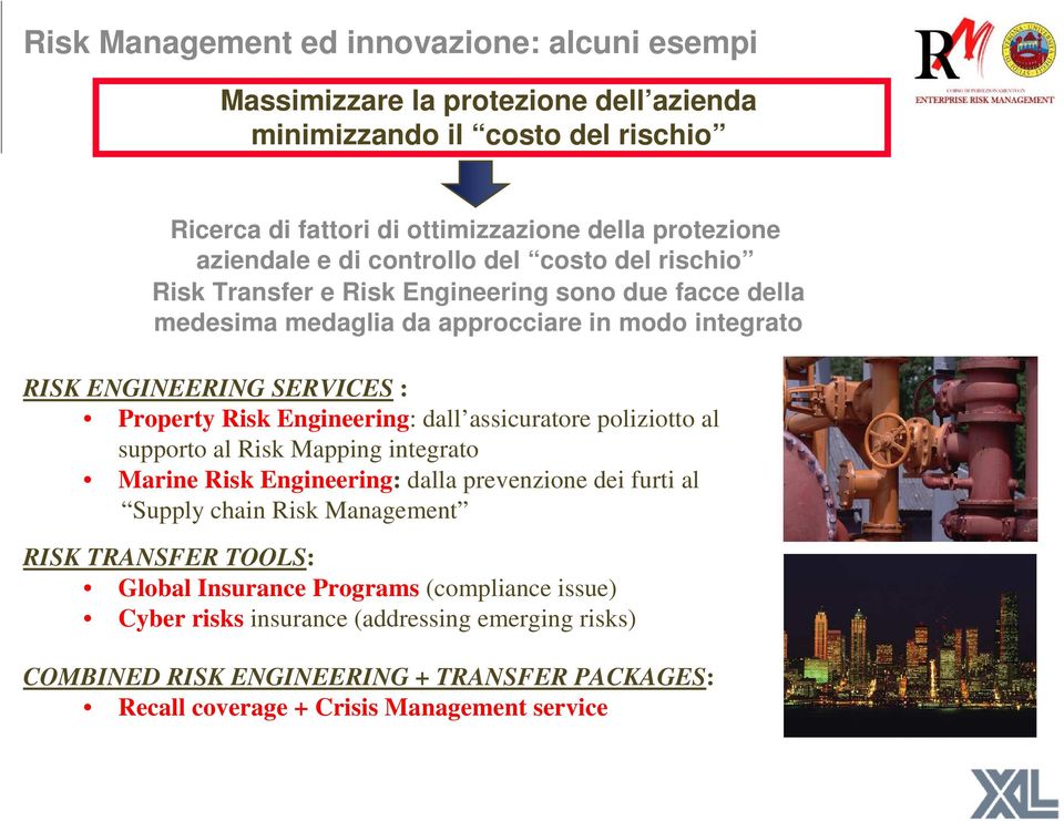 Engineering: dall assicuratore poliziotto al supporto al Risk Mapping integrato Marine Risk Engineering: dalla prevenzione dei furti al Supply chain Risk Management RISK TRANSFER