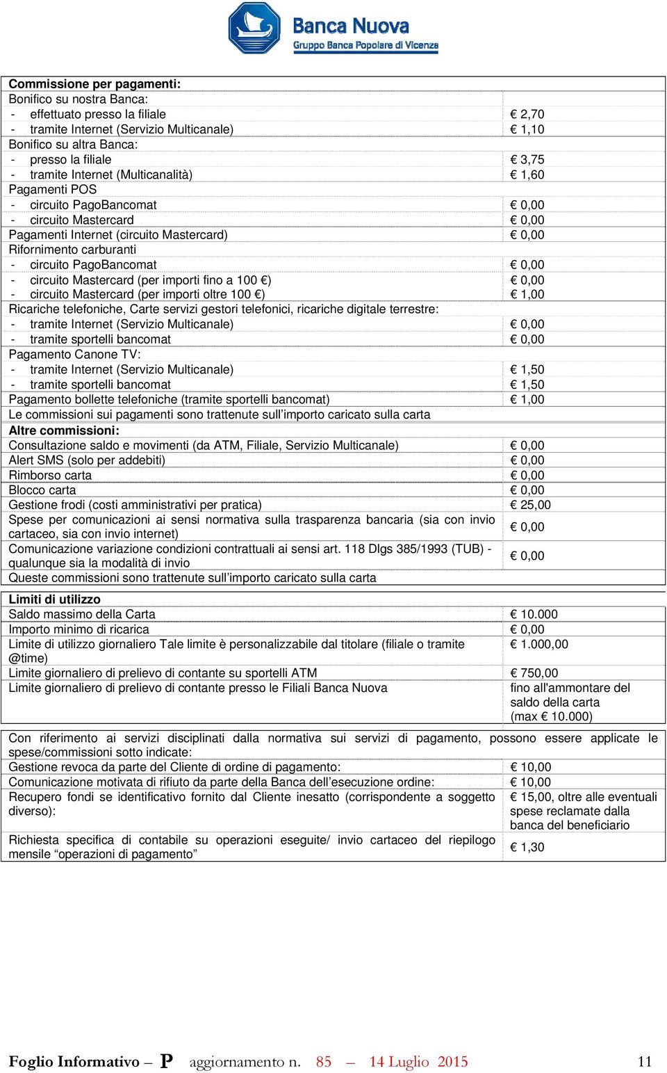 - circuito Mastercard (per importi fino a 100 ) 0,00 - circuito Mastercard (per importi oltre 100 ) 1,00 Ricariche telefoniche, Carte servizi gestori telefonici, ricariche digitale terrestre: -