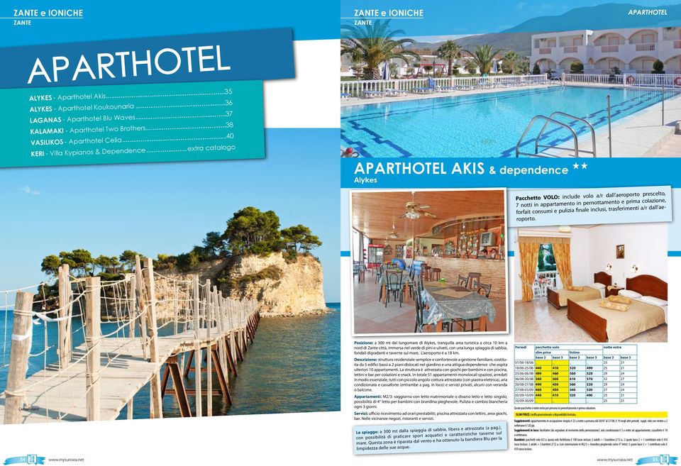 .. extra catalogo APARTHOTEL AKIS & dependence Alykes Pacchetto VOLO: include volo a/r dall aeroporto prescelto, 7 notti in appartamento in pernottamento e prima colazione, forfait consumi e pulizia