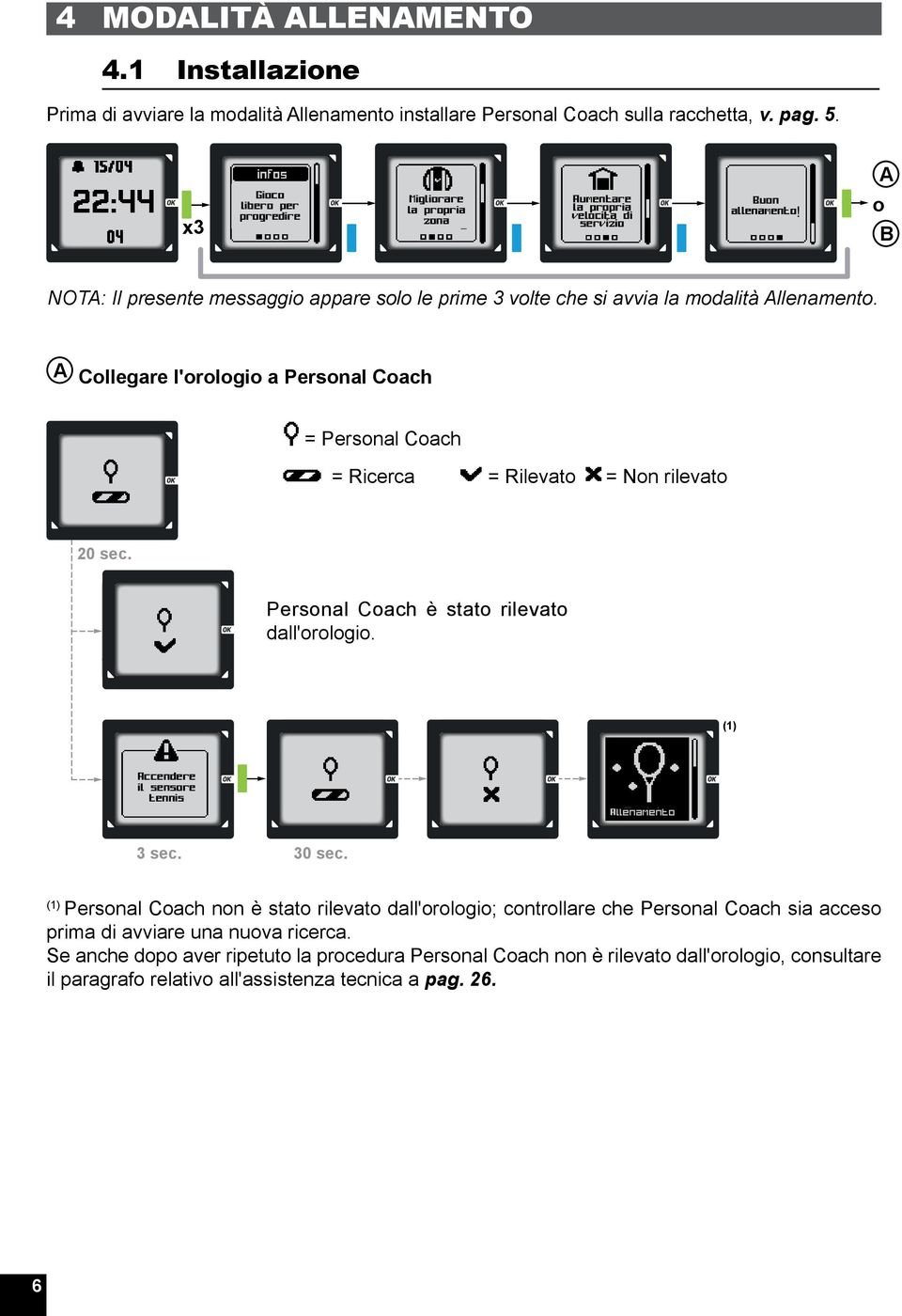 o А B NOTA: Il presente messaggio appare solo le prime 3 volte che si avvia la modalità Allenamento.