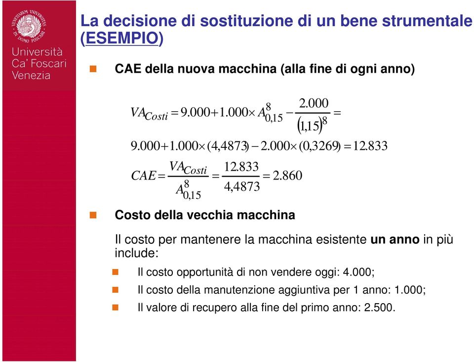 833 Costo della vecchia macchina Il costo per mantenere la macchina esistente un anno in più include: Il costo opportunità di