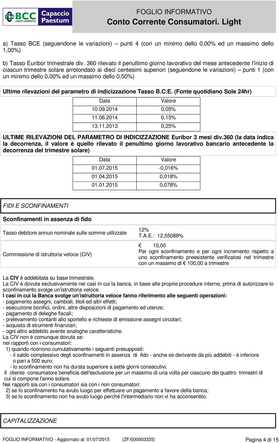 0,00% ed un massimo dello 0,50%) Ultime rilevazioni del parametro di indicizzazione Tasso B.C.E. (Fonte quotidiano Sole 24hr) Data Valore 10.09.2014 0,05% 11.