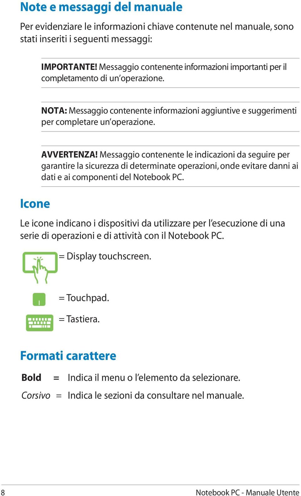 Messaggio contenente le indicazioni da seguire per garantire la sicurezza di determinate operazioni, onde evitare danni ai dati e ai componenti del Notebook PC.