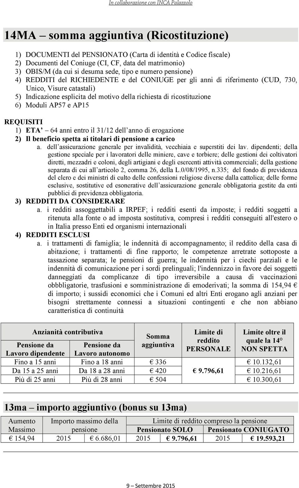 Moduli AP57 e AP15 REQUISITI 1) ETA 64 anni entro il 31/12 dell anno di erogazione 2) Il beneficio spetta ai titolari di pensione a carico a.