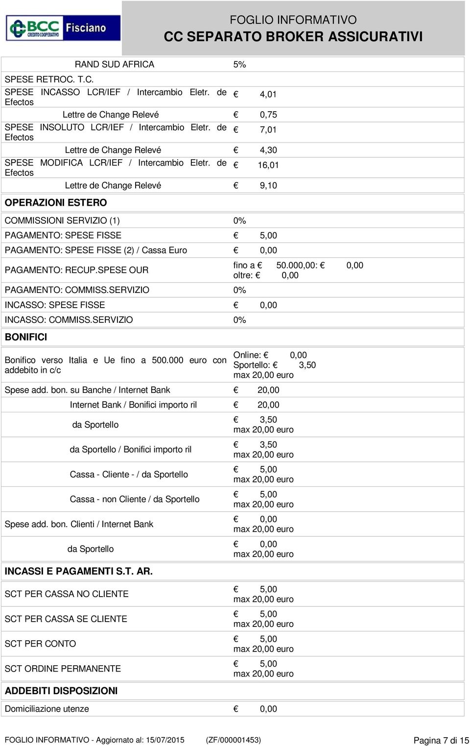 de Efectos 16,01 Lettre de Change Relevé 9,10 OPERAZIONI ESTERO COMMISSIONI SERVIZIO (1) 0% PAGAMENTO: SPESE FISSE PAGAMENTO: SPESE FISSE (2) / Cassa Euro 0,00 PAGAMENTO: RECUP.SPESE OUR fino a 50.