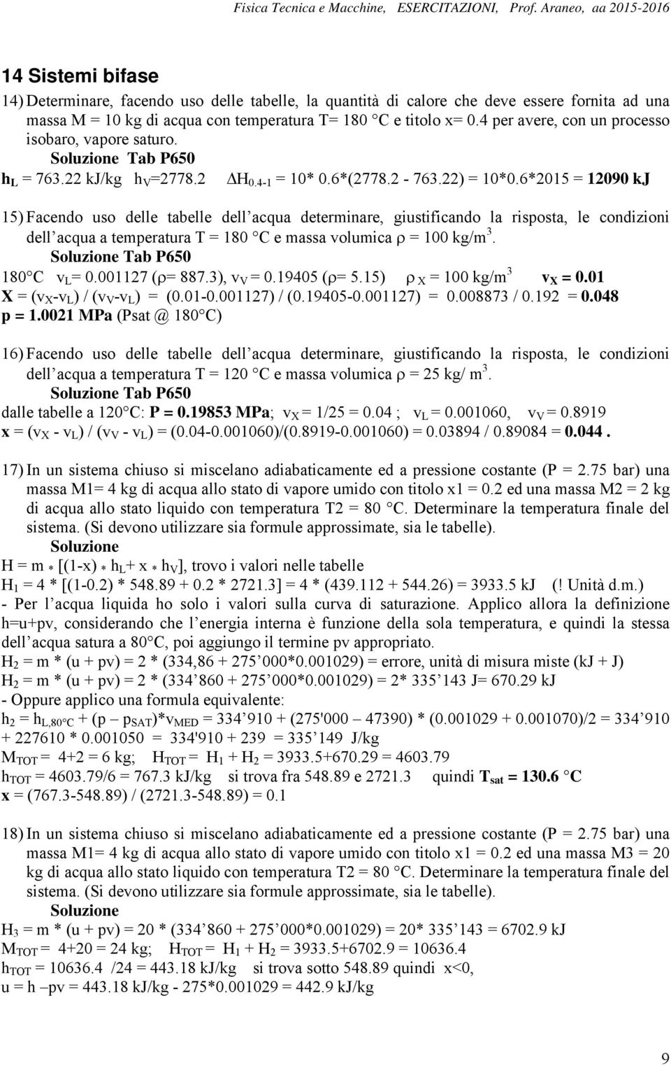 6*2015 = 12090 kj 15) Facendo uso delle tabelle dell acqua determinare, giustificando la risposta, le condizioni dell acqua a temperatura T = 180 C e massa volumica ρ = 100 kg/m 3.