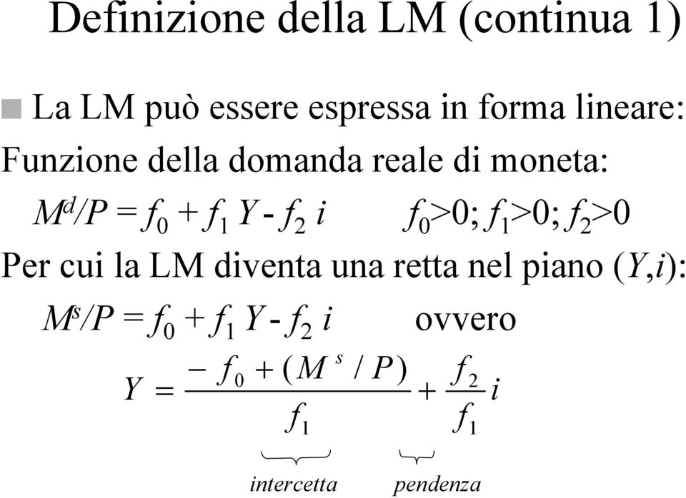 f 1 >0; f 2 >0 Per cui la LM diventa una retta nel piano (Y,i): M s /P = f 0