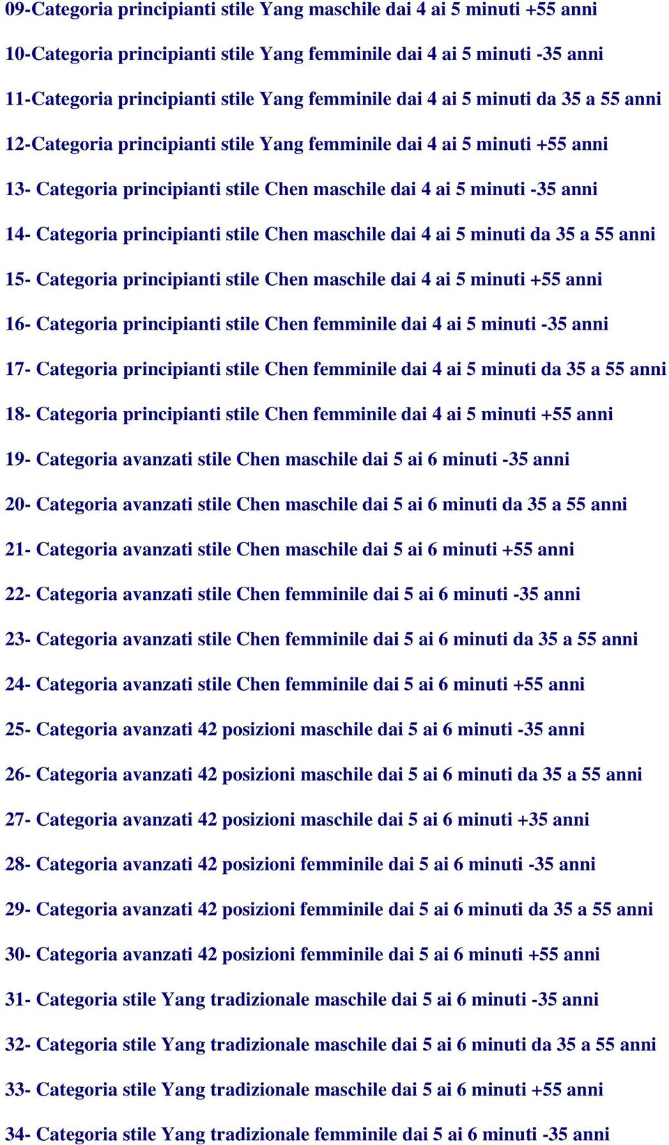 principianti stile Chen maschile dai 4 ai 5 minuti da 35 a 55 anni 15- Categoria principianti stile Chen maschile dai 4 ai 5 minuti +55 anni 16- Categoria principianti stile Chen femminile dai 4 ai 5