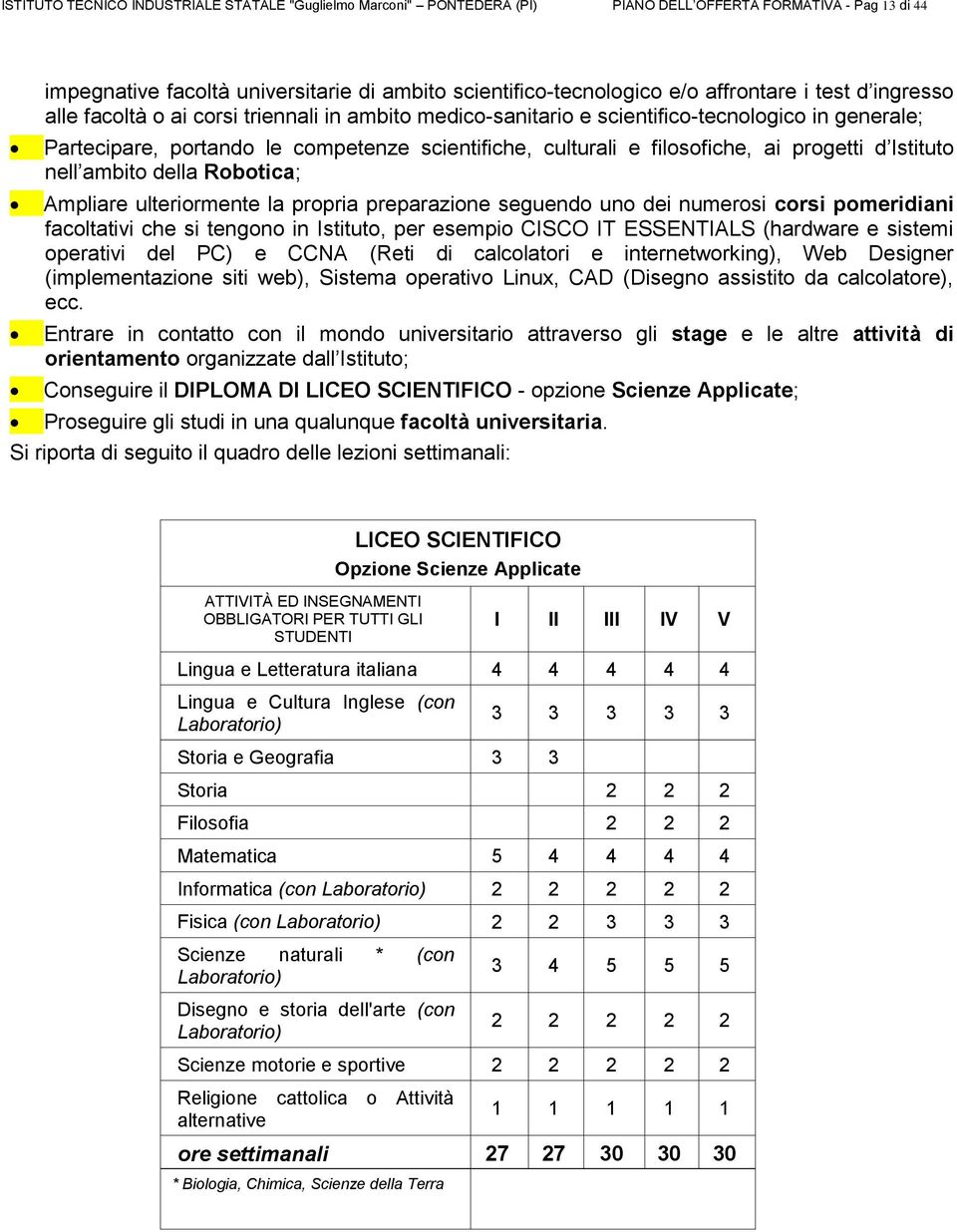 progetti d Istituto nell ambito della Robotica; Ampliare ulteriormente la propria preparazione seguendo uno dei numerosi corsi pomeridiani facoltativi che si tengono in Istituto, per esempio CISCO IT