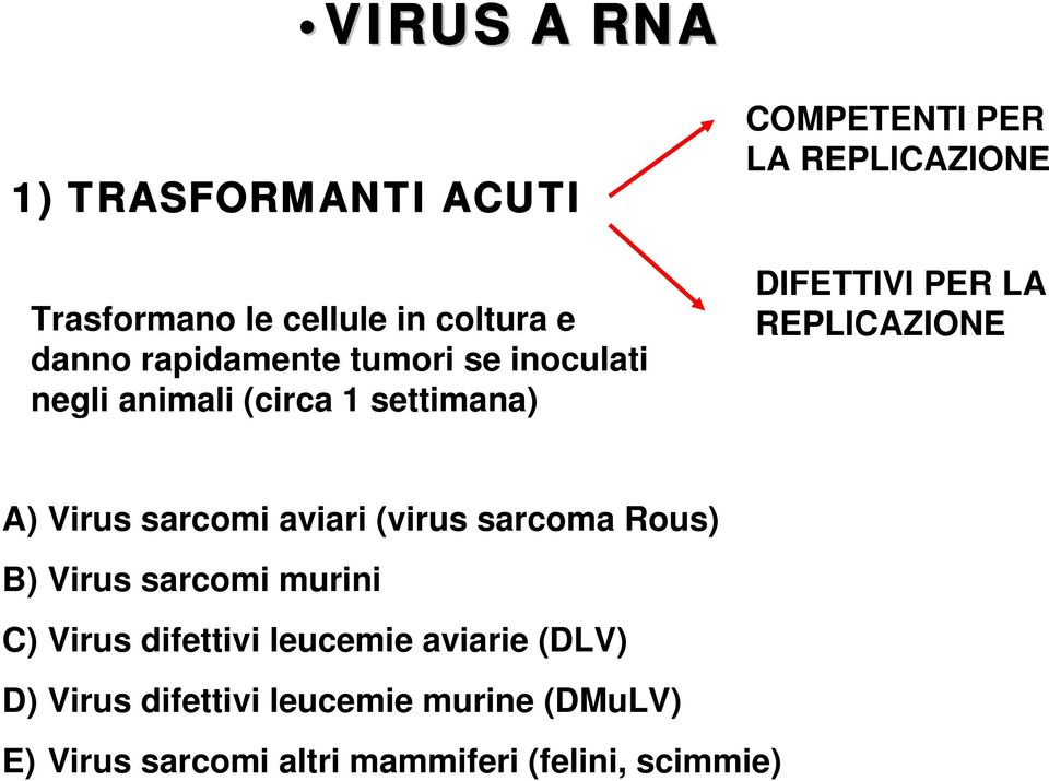 REPLICAZIONE A) Virus sarcomi aviari (virus sarcoma Rous) B) Virus sarcomi murini C) Virus difettivi