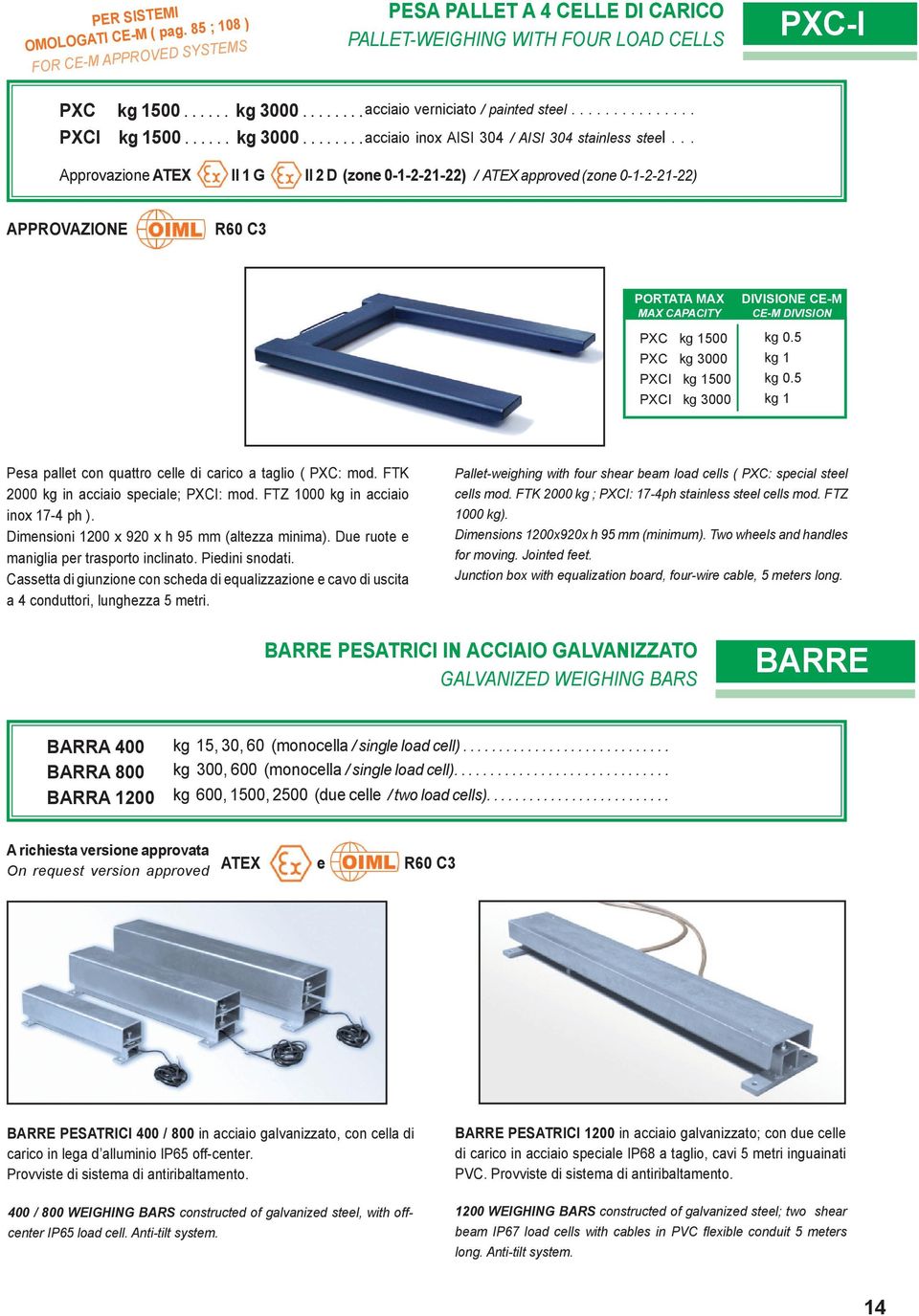 .. Approvazione ATEX II 1 G II 2 D (zone 0-1-2-21-22) / ATEX approved (zone 0-1-2-21-22) APPROVAZIONE R60 C3 PORTATA MAX MAX CAPACITY PXC kg 1500 PXC kg 3000 PXCI kg 1500 PXCI kg 3000 DIVISIONE CE-M