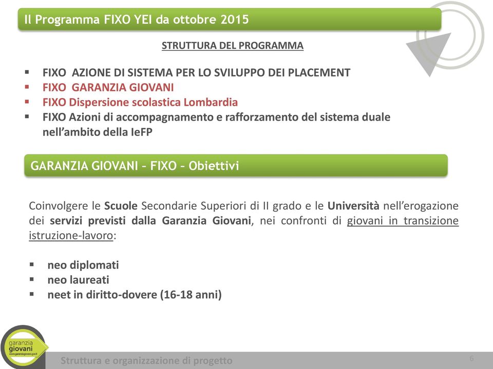 GIOVANI FIXO Obiettivi Coinvolgere le Scuole Secondarie Superiori di II grado e le Università nell erogazione dei servizi previsti dalla