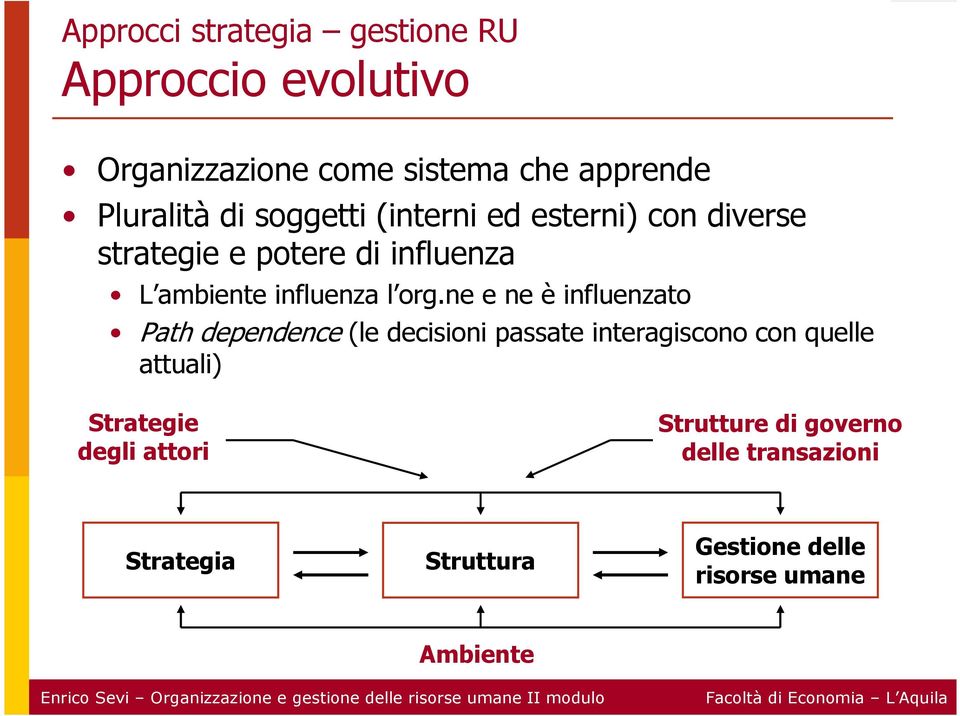 ne e ne è influenzato Path dependence (le decisioni passate interagiscono con quelle attuali) Strategie