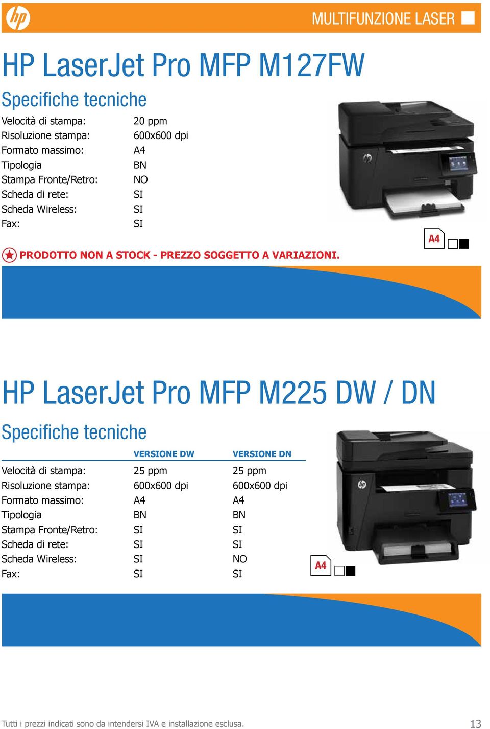 HP LaserJet Pro MFP M225 DW / DN VERONE DW VERONE DN Velocità di stampa: 25 ppm 25 ppm Risoluzione stampa: 600x600 dpi 600x600 dpi