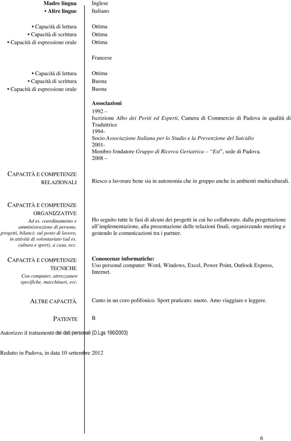 Suicidio 2001- Membro fondatore Gruppo di Ricerca Geriatrica Est, sede di Padova. 2008 RELAZIONALI Riesco a lavorare bene sia in autonomia che in gruppo anche in ambienti multiculturali.