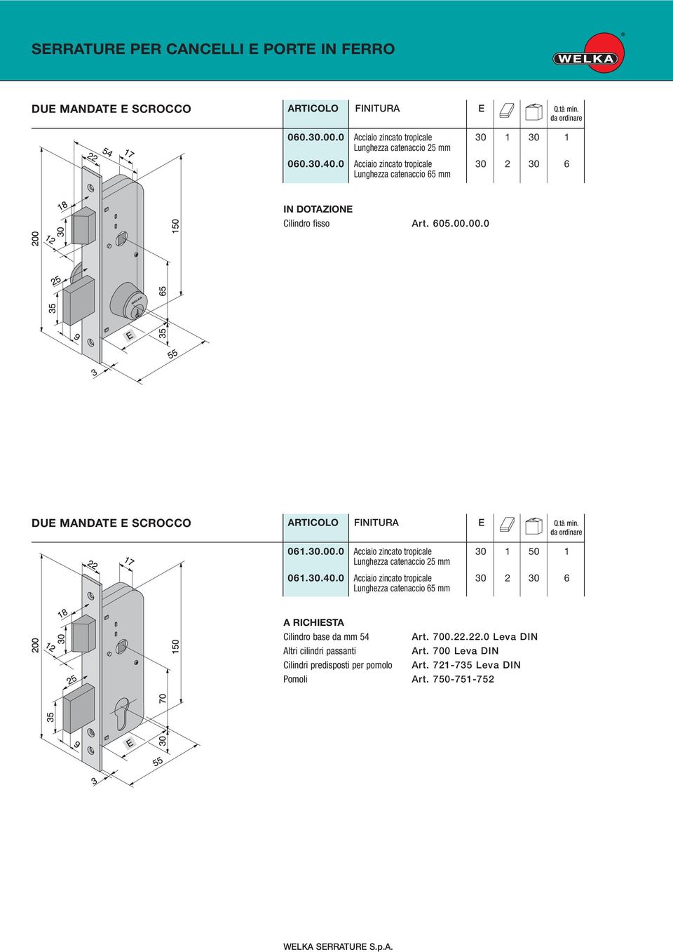 00.0 DUE MANDATE E SCROCCO 061.30.00.0 Acciaio zincato tropicale 30 1 50 1 Lunghezza catenaccio 25 mm 061.30.40.