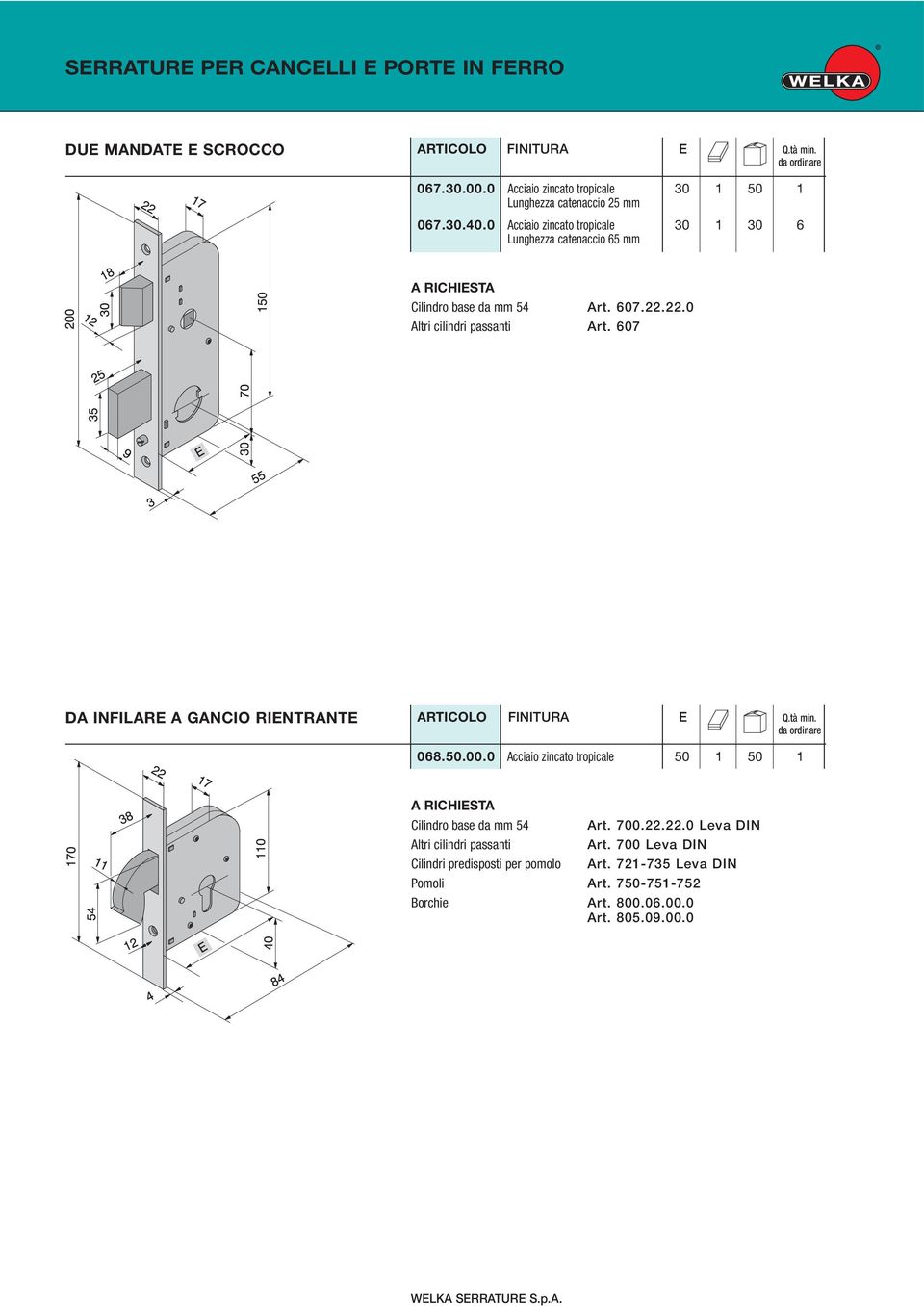 607 DA INFILARE A GANCIO RIENTRANTE 068.50.00.0 Acciaio zincato tropicale 50 1 50 1 Cilindro base da mm 54 Art. 700.22.