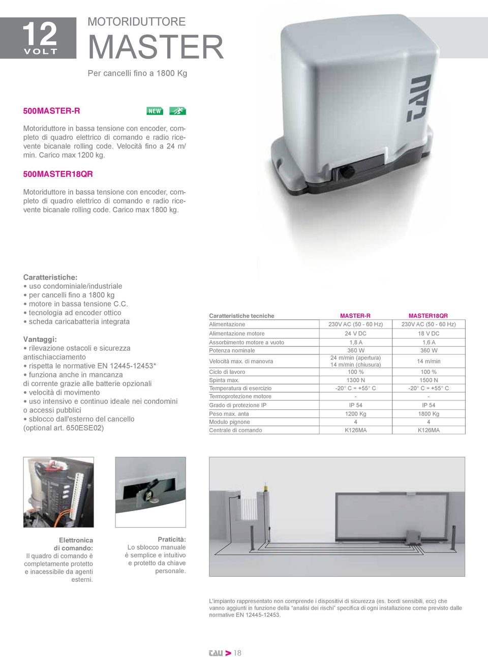 Carico max 1800 kg. Caratteristiche: uso condominiale/industriale per cancelli fino a 1800 kg motore in bassa tensione C.C. tecnologia ad encoder ottico scheda caricabatteria integrata Vantaggi: