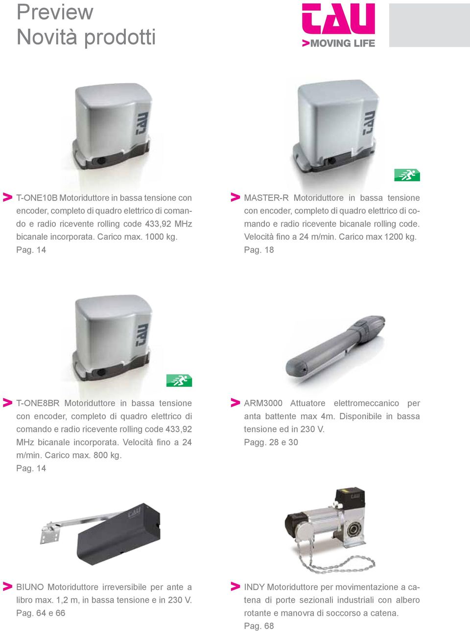 Pag. 18 T-ONE8BR Motoriduttore in bassa tensione con encoder, completo di quadro elettrico di comando e radio ricevente rolling code 433,92 MHz bicanale incorporata. Velocità fino a 24 m/min.