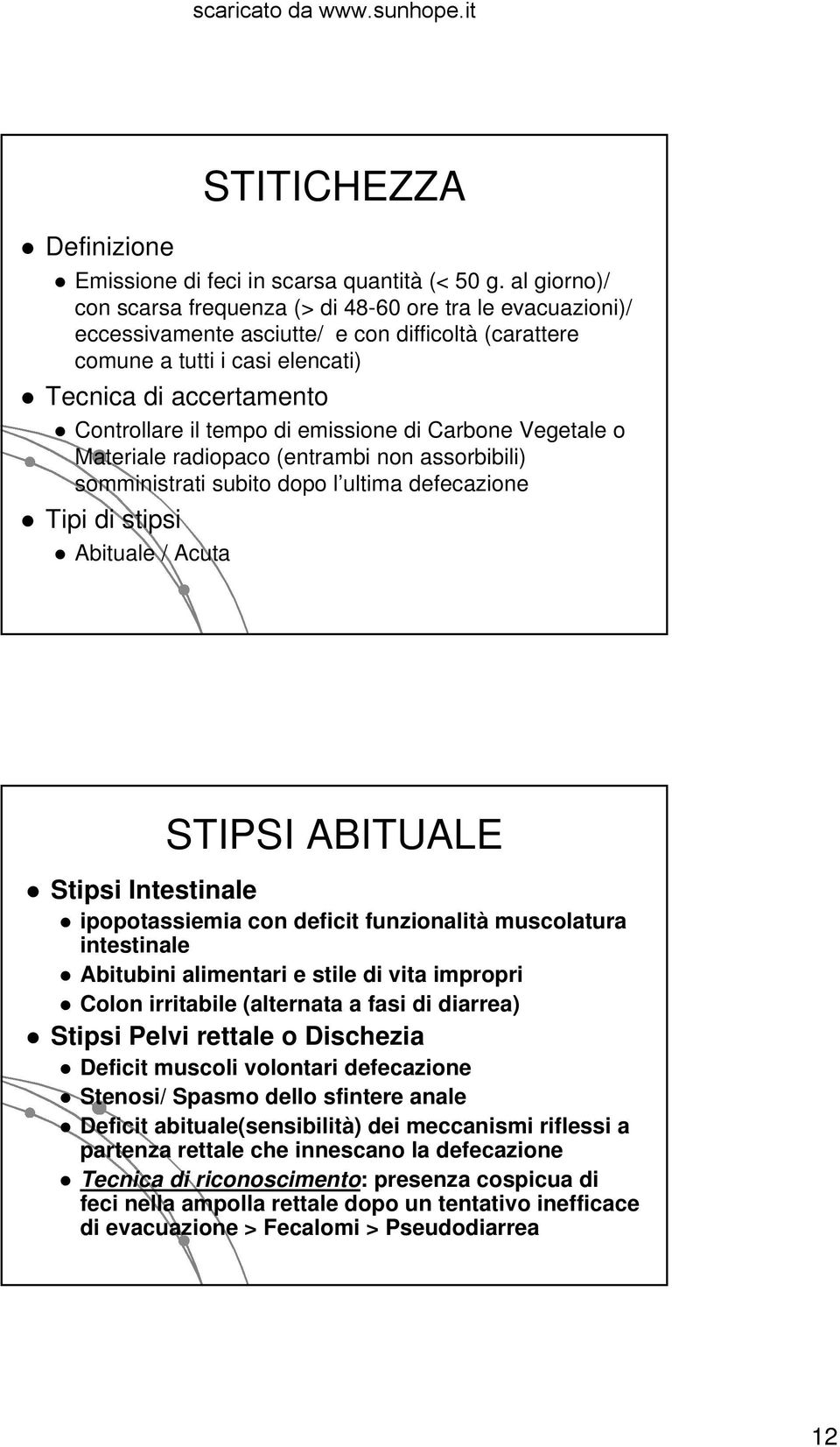 di emissione di Carbone Vegetale o Materiale radiopaco (entrambi non assorbibili) somministrati subito dopo l ultima defecazione Tipi di stipsi Abituale / Acuta STIPSI ABITUALE Stipsi Intestinale