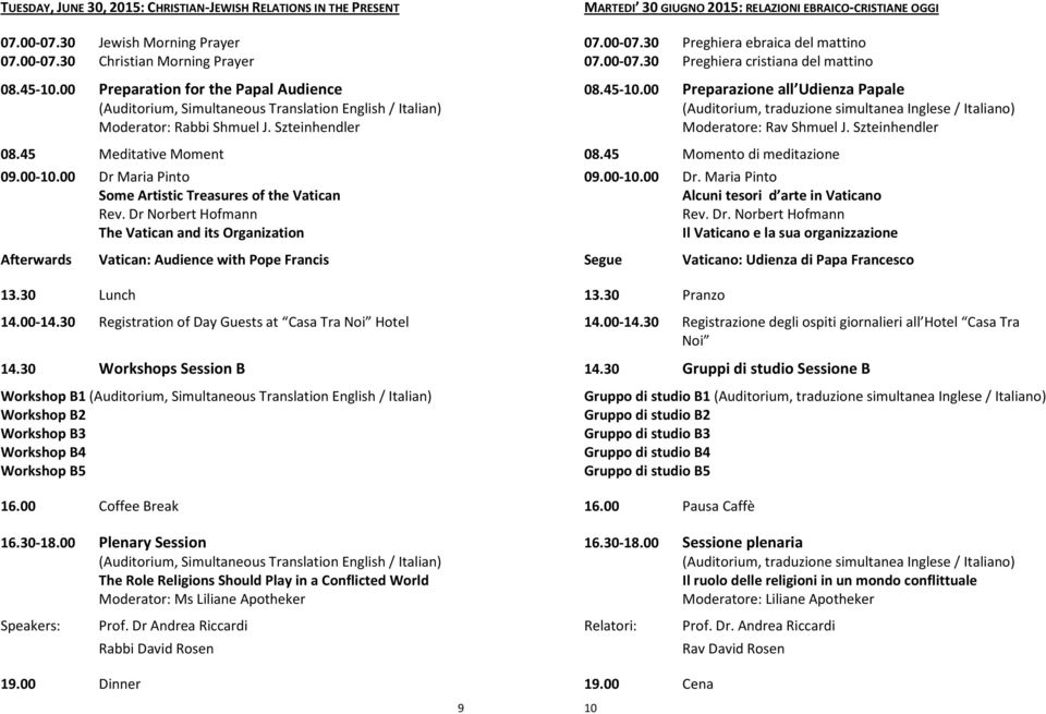 Dr Norbert Hofmann The Vatican and its Organization MARTEDI 30 GIUGNO 2015: RELAZIONI EBRAICO-CRISTIANE OGGI 07.00-07.30 Preghiera ebraica del mattino 07.00-07.30 Preghiera cristiana del mattino 08.