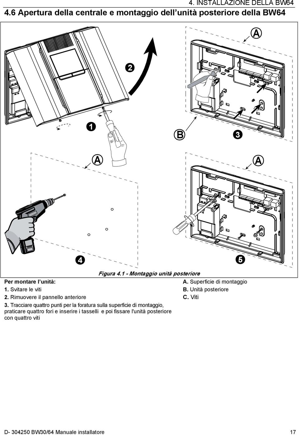 1 - Montaggio unità posteriore Per montare l unità: A. Superficie di montaggio 1. Svitare le viti B. Unità posteriore 2.