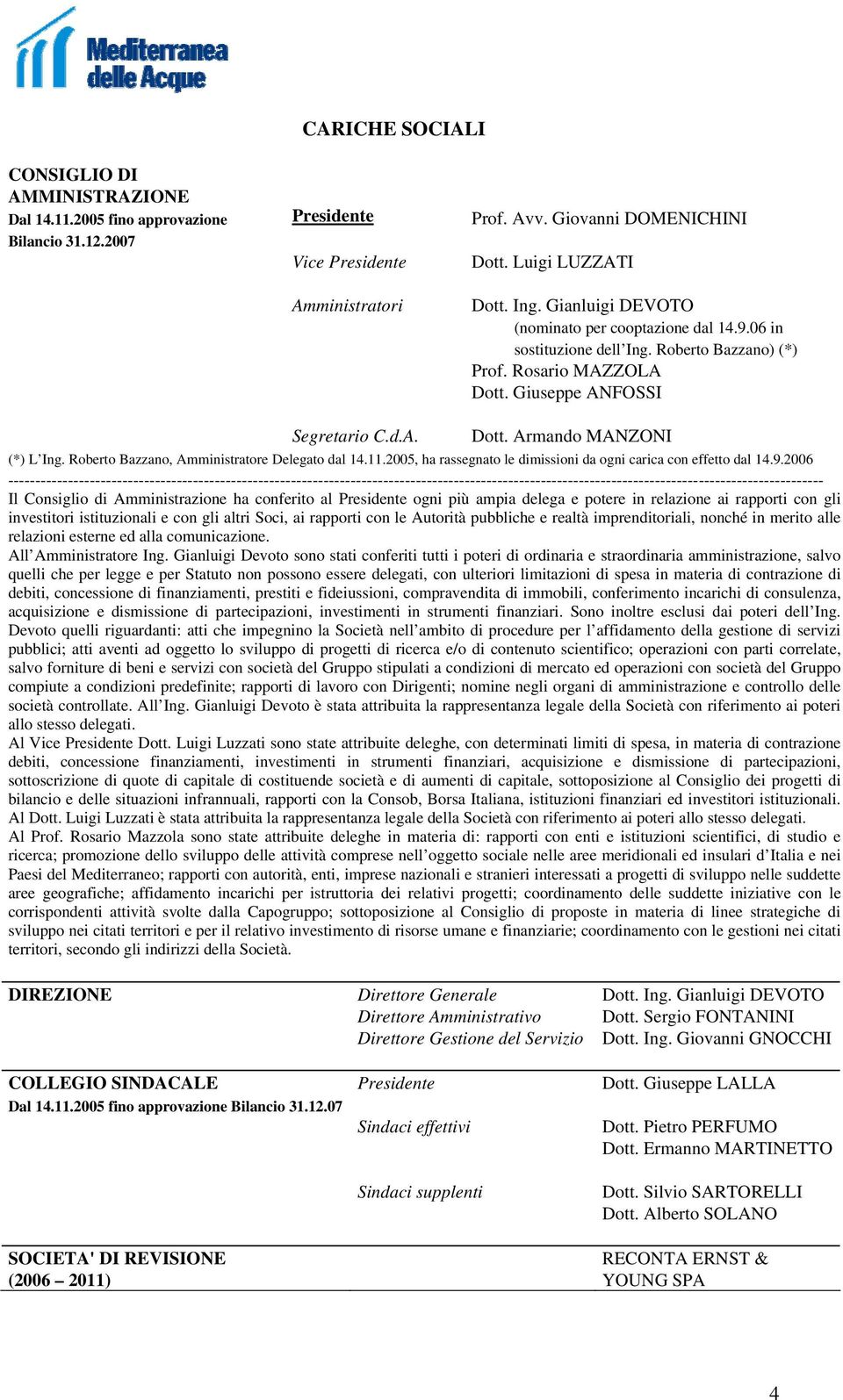 Roberto Bazzano, Amministratore Delegato dal 14.11.2005, ha rassegnato le dimissioni da ogni carica con effetto dal 14.9.