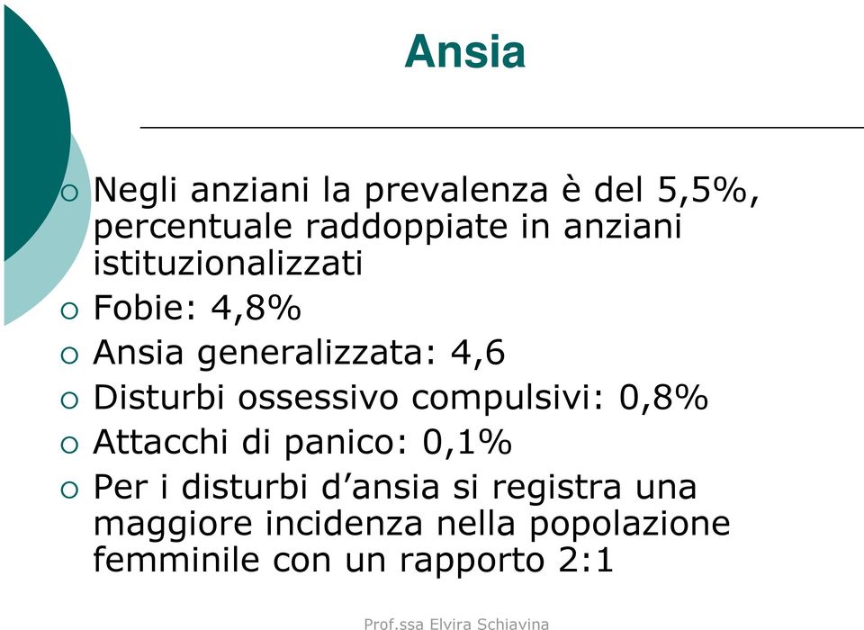 ossessivo compulsivi: 0,8% Attacchi di panico: 0,1% Per i disturbi d ansia