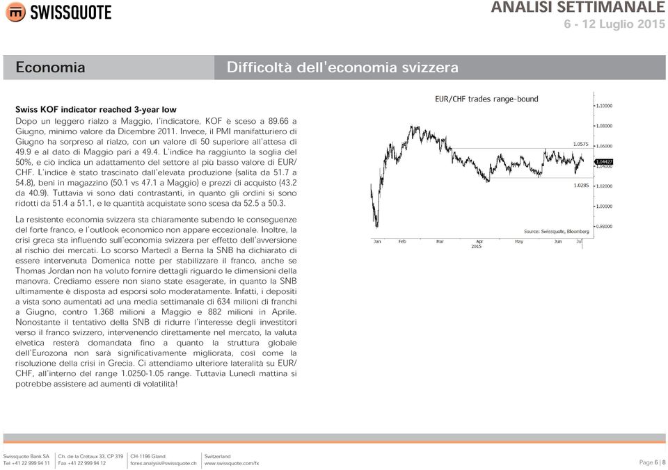 .9 al dato di Maggio pari a 49.4. L'indice ha raggiunto la soglia del 50%, e ciò indica un adattamento del settore al più basso valore di EUR/ CHF.