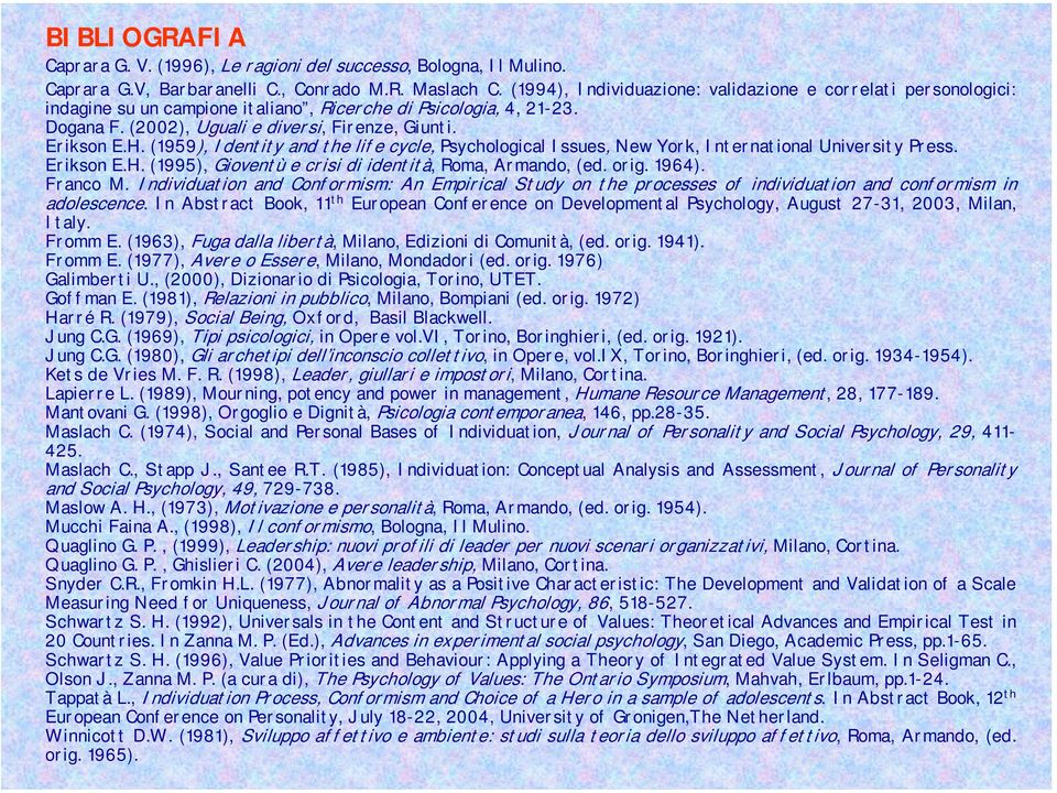 (1959), Identity and the life cycle, Psychological Issues, New York, International University Press. Erikson E.H. (1995), Gioventù e crisi di identità, Roma, Armando, (ed. orig. 1964). Franco M.