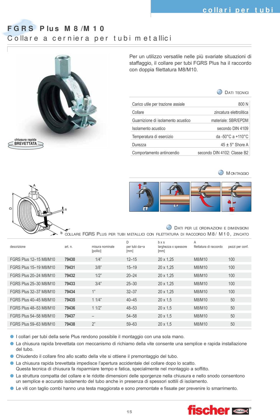 DATI TECNICI chiusura rapida BREVETTATA Carico utile per trazione assiale 800 N Collare zincatura elettrolitica Guarnizione di isolamento acustico materiale: SBR/EPDM Isolamento acustico secondo DIN