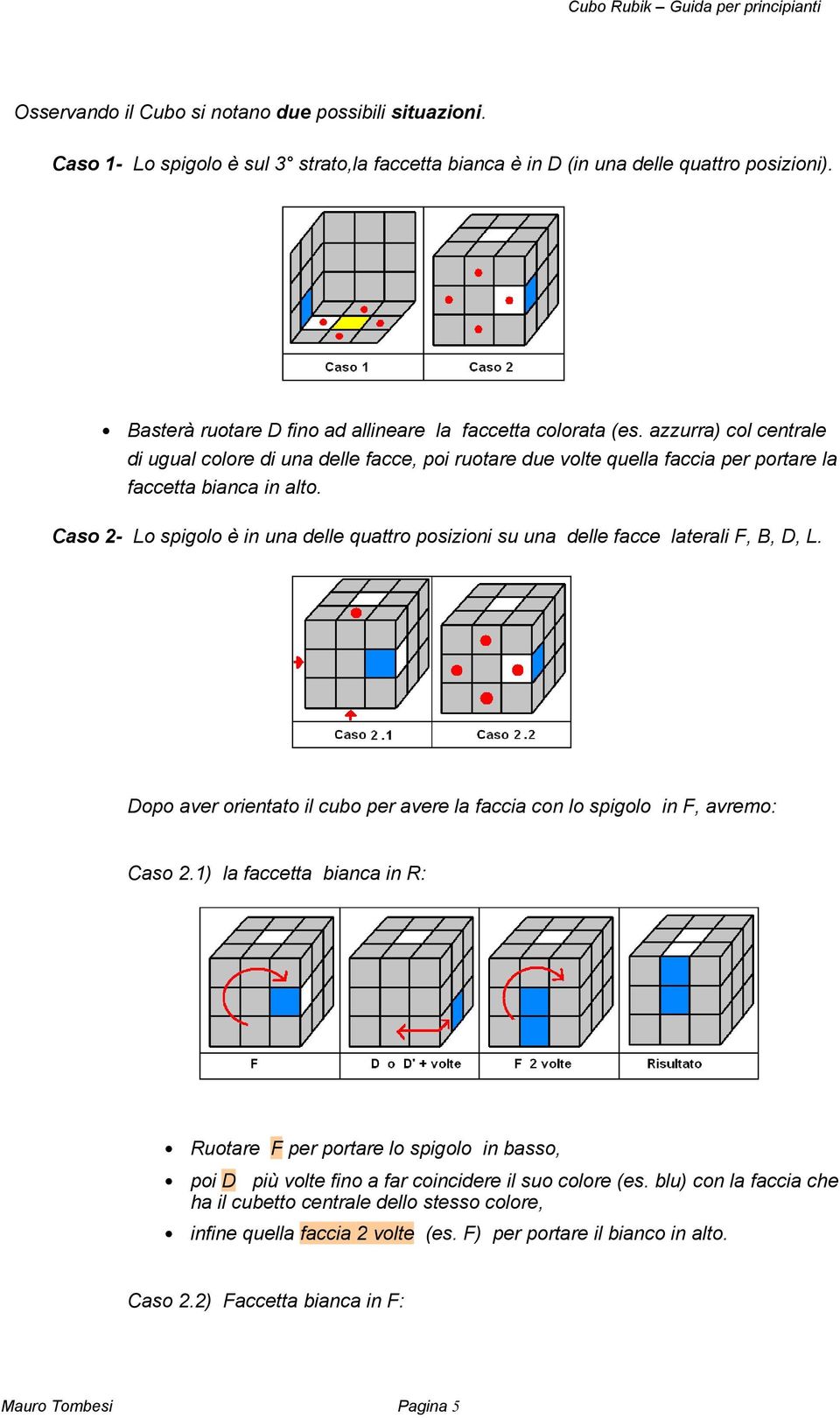 Caso 2- Lo spigolo è in una delle quattro posizioni su una delle facce laterali F, B, D, L. Dopo aver orientato il cubo per avere la faccia con lo spigolo in F, avremo: Caso 2.