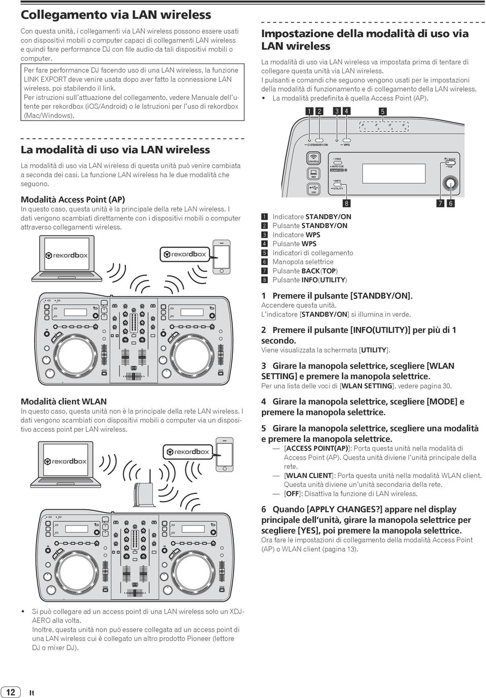 Per fare performance DJ facendo uso di una LAN wireless, la funzione LINK EXPORT deve venire usata dopo aver fatto la connessione LAN wireless, poi stabilendo il link.