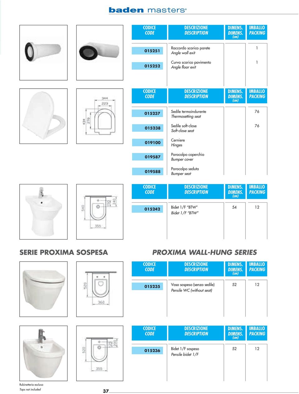 Paracolpo seduta Bumper seat 05242 Bidet /F BTW Bidet /F BTW 54 2 SERIE PROXIMA SOSPESA PROXIMA WALL-HUNG SERIES 05235 Vaso