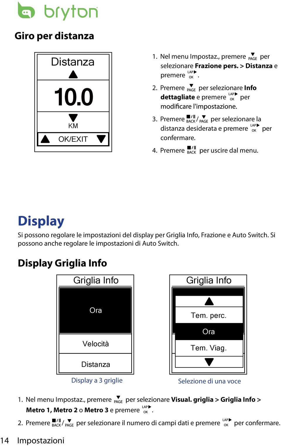 Display Si possono regolare le impostazioni del display per Griglia Info, Frazione e Auto Switch. Si possono anche regolare le impostazioni di Auto Switch.