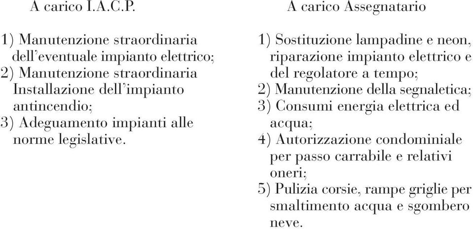 1) Sostituzione lampadine e neon, riparazione impianto elettrico e del regolatore a tempo; 2) Manutenzione della