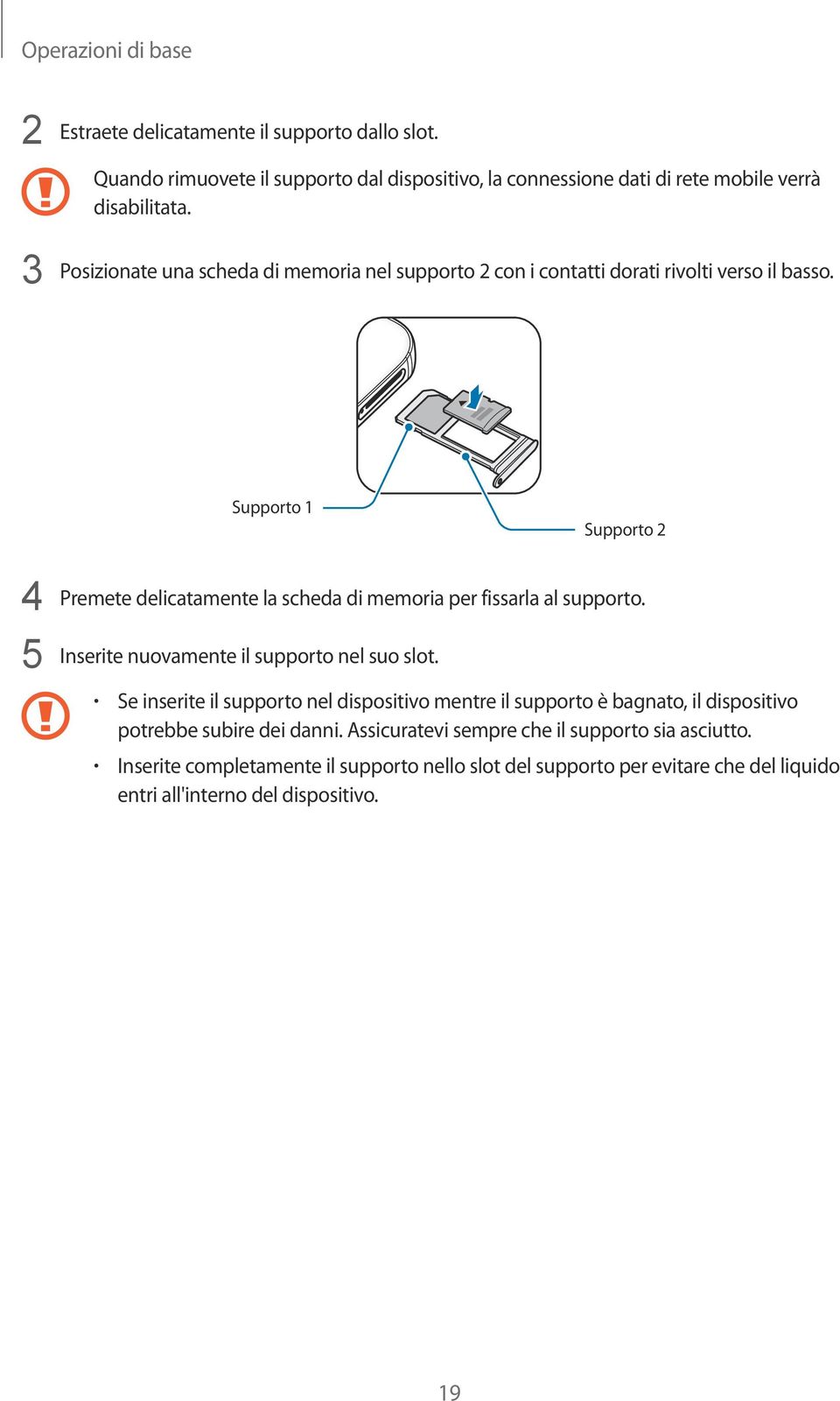 Supporto 1 Supporto 2 4 Premete delicatamente la scheda di memoria per fissarla al supporto. 5 Inserite nuovamente il supporto nel suo slot.