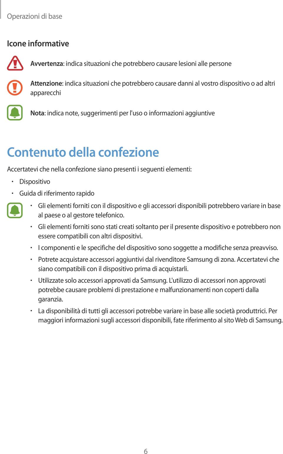 di riferimento rapido Gli elementi forniti con il dispositivo e gli accessori disponibili potrebbero variare in base al paese o al gestore telefonico.